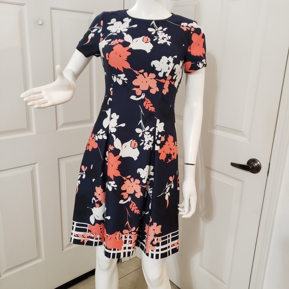 Vince Camuto Floral Print Midi Dress in Navy and Coral